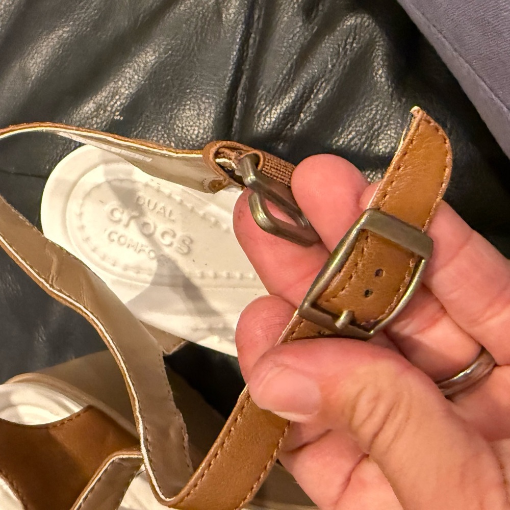 Women’s Crocs Tan Wedge Sandals with Yellow Floral Straps - Picture 6 of 9